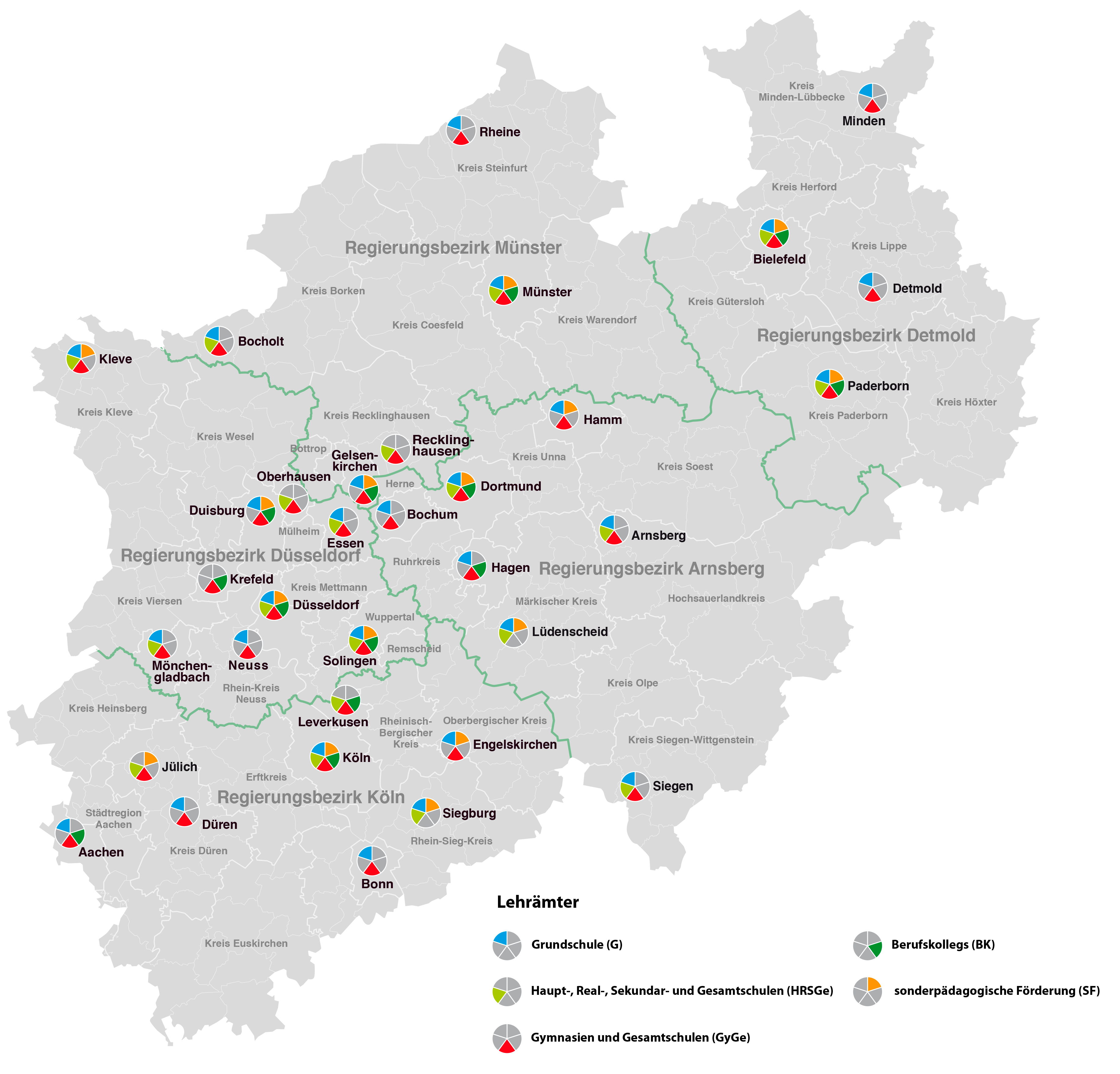 Karte des Landes NRW, auf der die Standorte der ZfsL dargestellt sind