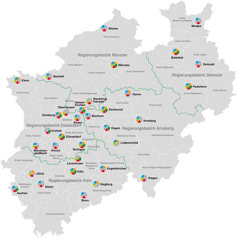 Darstellung des Landes NRW mit eingezeichneten ZfsL Standorten.